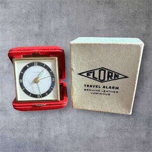 Vintage Florn Travel Alarm Clock in a Genuine Red Leather Case
